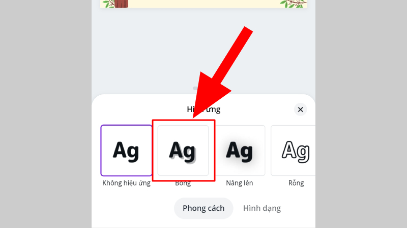 Tiếp theo, nhấn chọn hiệu ứng B&oacute;ng